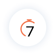 The image displays a black background with a white circle containing a stylized orange stopwatch and the number 7 inside.