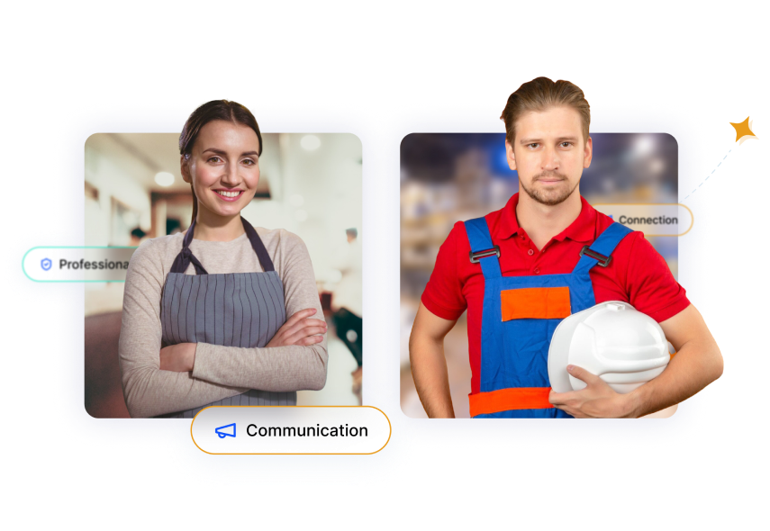 Two people, one in an apron, another in work gear with a helmet. Labels read "Professional," "Communication," and "Connection." Blurred background.