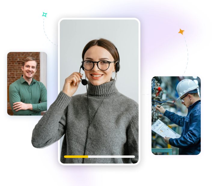 Three connected images: center person with headset, side view of person reading at worksite, and smiling person in casual setting. Professional themes.