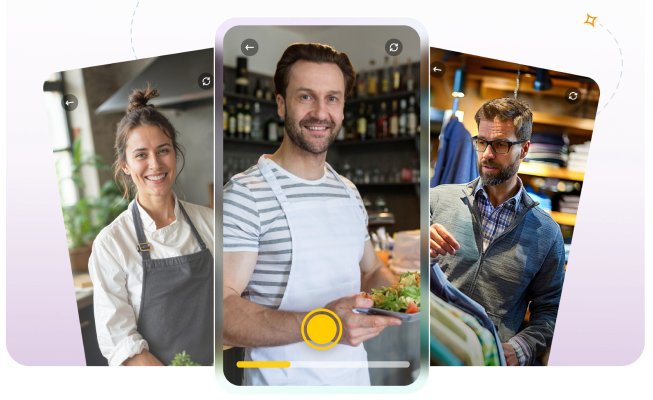 Three people are featured in individual inset images: one with a bun hairstyle, one in an apron holding food, and another with glasses.