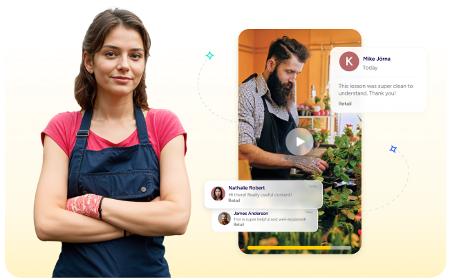 Person wearing an apron stands confidently. Another person tends plants, while message bubbles show feedback and learning comments. Background is digital and interactive-themed.