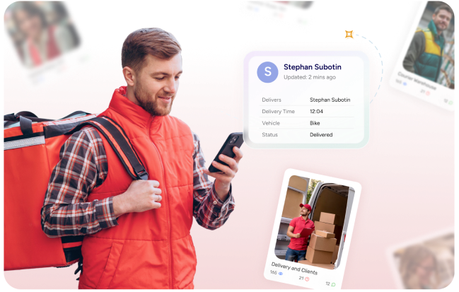 A person in a red vest checks a smartphone, showing a delivery app. Background includes blurry images and a highlighted delivery status.