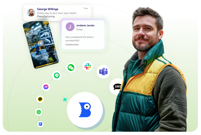 A person stands smiling amidst digital icons and notifications. Communication apps like Slack and Microsoft Teams are prominently displayed in the dynamic digital interface.