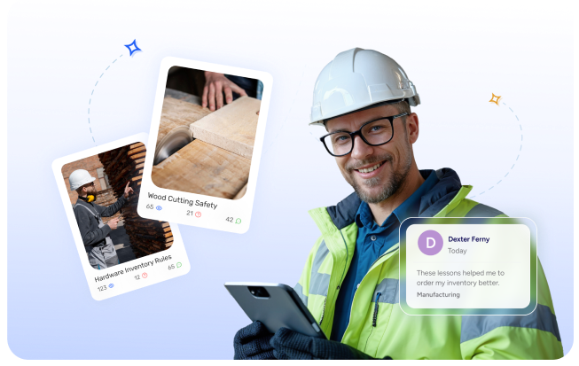 A person in safety gear holding a tablet smiles. Digital cards display wood safety and inventory tips. A text review highlights improved inventory management.