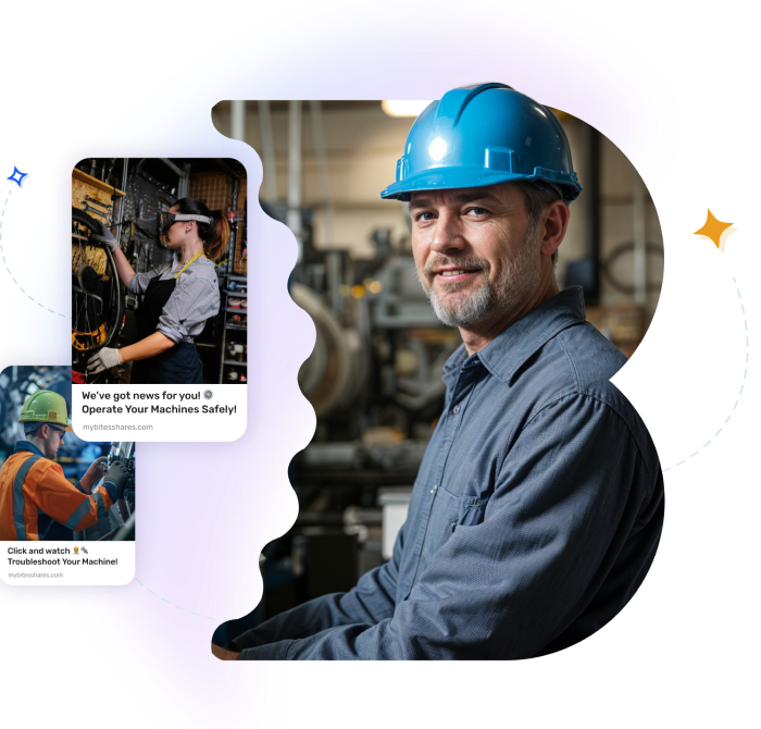 A person in a blue hard hat smiles in an industrial setting. Nearby are photos of machinery and messages about machine safety and troubleshooting.