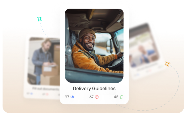 A person smiles while driving a vehicle, framed within a digital card labeled "Delivery Guidelines." Two blurred images are in the background.