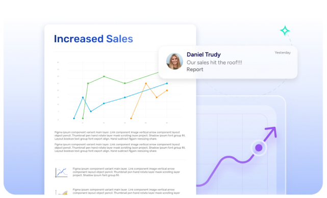 A digital presentation showing sales graphs and charts. A notification features a person commenting on increased sales. Bright colors enhance visual appeal.