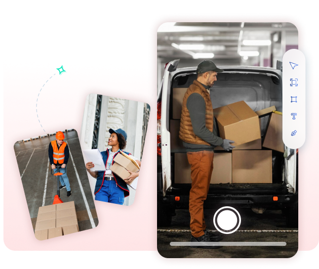 A collage of people loading and moving boxes, set within a smartphone interface, depicting delivery and logistics activities.