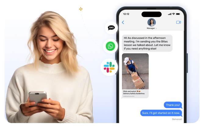 A person using a smartphone, with a digital conversation displayed, featuring various messaging app icons: Slack, WhatsApp, and SMS.