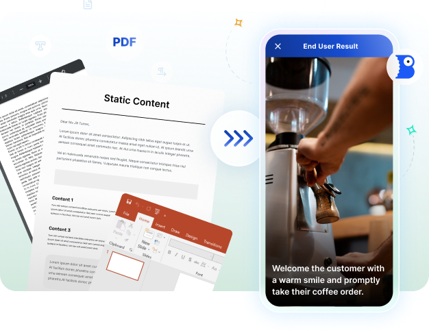 Document images with PDF and Word logos alongside a phone displaying a person making coffee. Arrows suggest transformation or process flow.