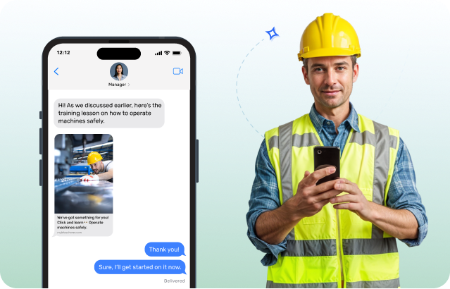 A person in a safety vest and hard hat using a phone. Displayed text message about machine operation safety training on a nearby smartphone.