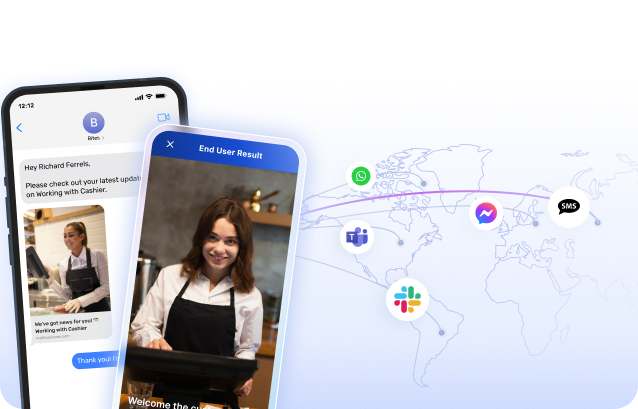 The image showcases a mobile app interface with a smiling person, communication icons, and a world map, highlighting global connectivity.