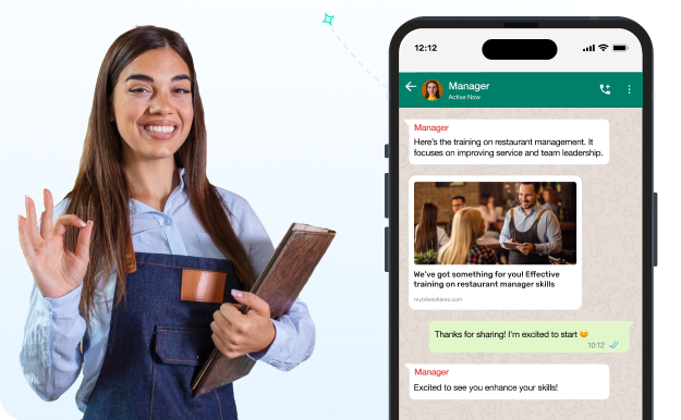 A person in a uniform smiles, holding a tablet. A smartphone screen shows a conversation about restaurant management training and skills enhancement.