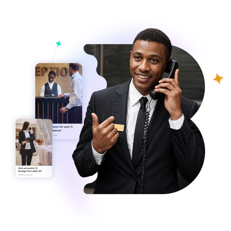 A person in a suit talks on the phone, smiling. Two smaller images show people interacting in a professional setting, possibly a hotel reception.