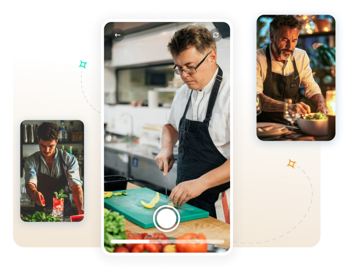 Three people cooking in a kitchen setting, emphasizing food preparation and culinary activity. Multiple small images connected by dotted lines.