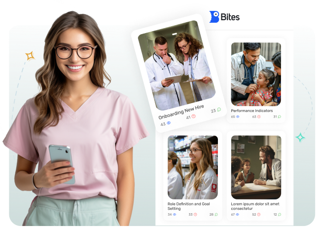 A person with glasses holds a phone. Four images show medical professionals interacting, labeled "Bites": Onboarding, Performance, Role Definition, and an indistinct title.