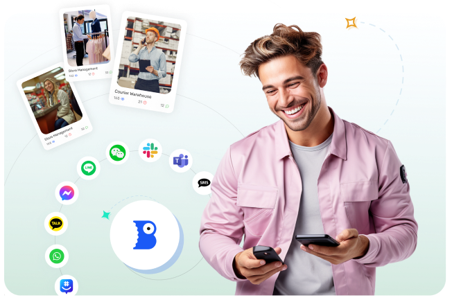 A person holding devices smiles. Various chat app icons and digital profile cards float around. Centralized is a blue bird logo.