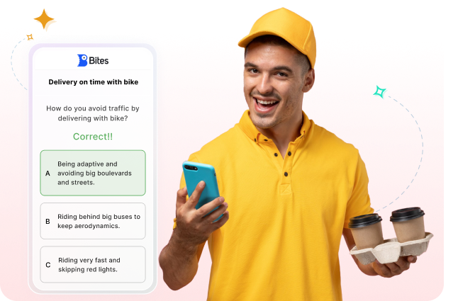 Person in yellow cap and shirt holds smartphone and coffee. Quiz on winning delivery strategies displayed beside. Excited expression, colorful graphics present.