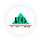 A circular logo features a green triangle with "KEOS" text inside and "Software Vertrieb" below, set against a black background.