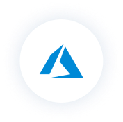 A circular logo featuring a stylized blue triangle design on a white background, set against a black backdrop.