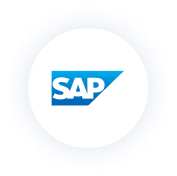 SAP logo on a white circle against a black background, featuring blue text with a distinct design. No people, landmarks, or buildings visible.