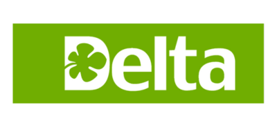 The image displays a green logo with the text "Delta" featuring a shamrock design within the letter 'D' against a black background.