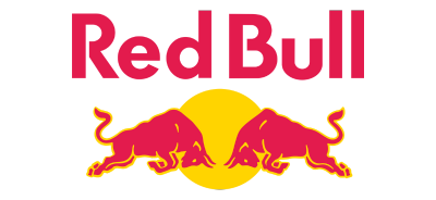 Red Bull logo with two red bulls facing each other in front of a yellow circle on a black background. Red text above.