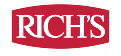 The image shows a red and white logo with the word "RICH'S" prominently displayed against a black background.