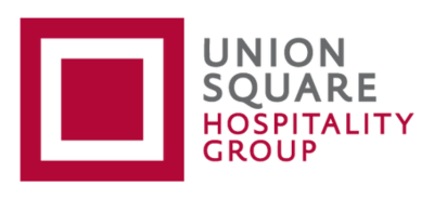 Logo of Union Square Hospitality Group featuring a red and black square design on a black background, with the company name in gray and pink text.