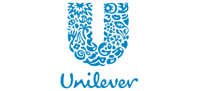 Blue Unilever logo on black background, featuring various abstract icons within a large "U" shape. Beneath is the word "Unilever" in stylized font.