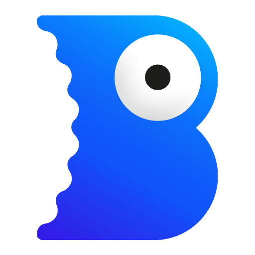 Icon resembling a blue, cartoonish letter "B" with a large eye and wavy edge, set against a black background.