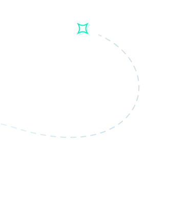 A minimalistic black image with a dashed white curved line leading to a glowing green star-like shape at the top left corner.