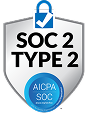 Shield-shaped badge with a lock and checkmark, displaying "SOC 2 TYPE 2" text and AICPA SOC logo, signifying data security compliance certification.