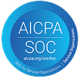 Blue circular logo with text "AICPA SOC." It represents a standard for service organizations. Simple, professional design with gradient color.