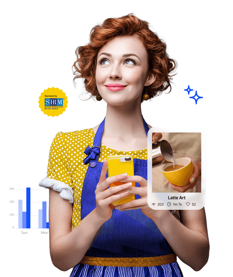 A person in a polka-dot dress holds a smartphone. Latte art and charts are displayed. SHRM badge is visible.